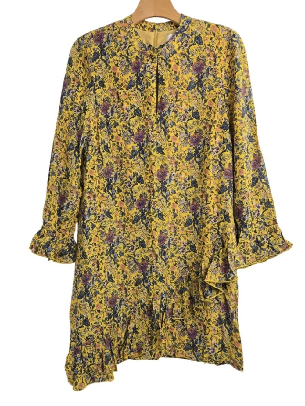 Madewell X Karen Walker Dress Loretta Silk Yellow Floral Ruffle Shift - Picture 2 of 16